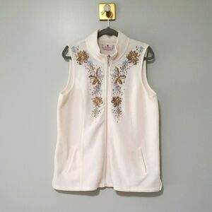 Quacker Factory Women Zip Fleece Vest Winter White Poinsettia Holiday Christmas